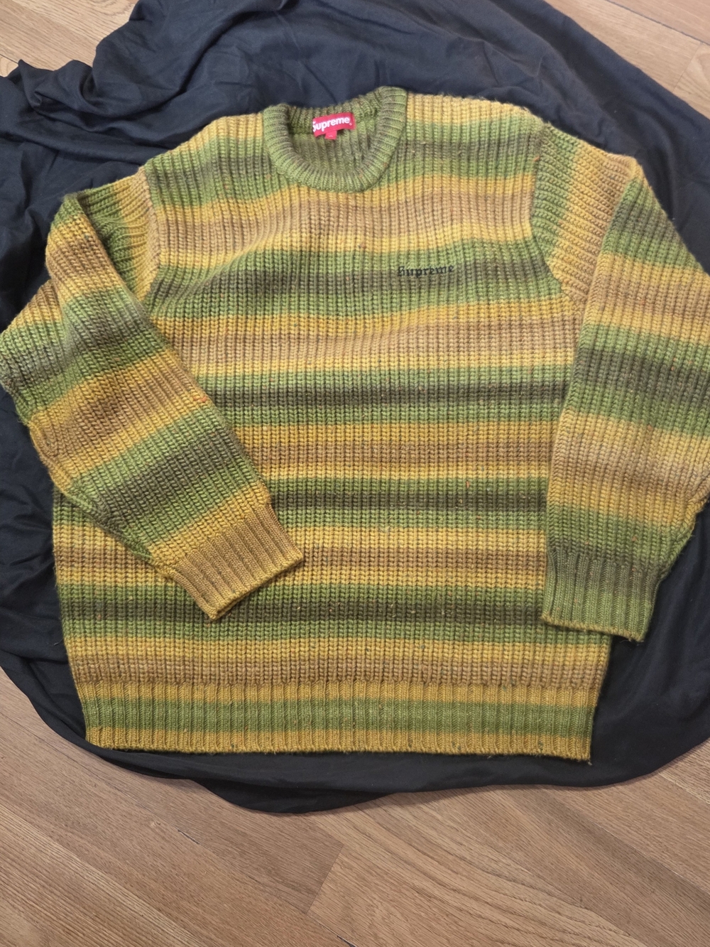 Supreme Olive Green and Mustard Striped Crewneck Sweater